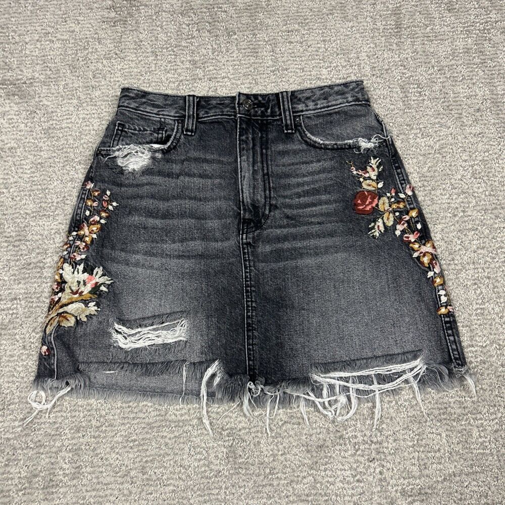 Abercrombie Fitch Skirt Womens 27 Black Denim Mini Embroidered Y2K Floral Boho